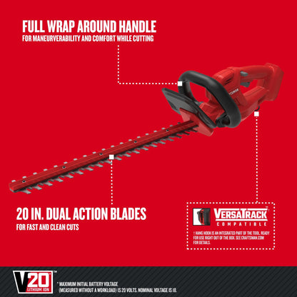 CRAFTSMAN V20 Cordless Hedge Trimmer with Battery and Charger Included, 20 in. Blade, Rechargeable