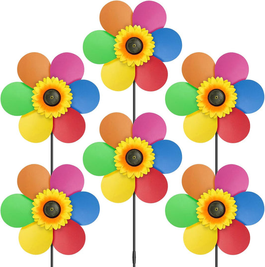 6PCS Sunflower Wind Spinners with Stakes 14" W x 29" H Wind Spinners Lawn Pinwheel Rainbow Windmill