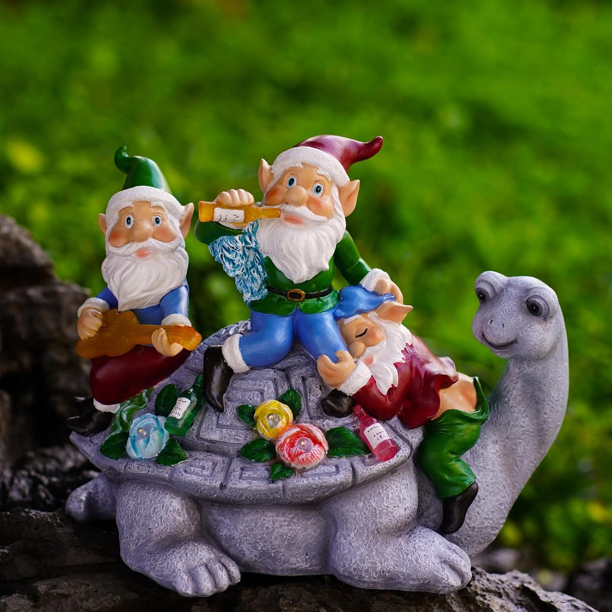 Solar Garden Outdoor Statues Three Gnomes Having Party on Turtle with 7 LED Solar Figurine for