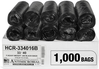 Aluf Plastics High Density Trash Bags, 33 Gallon, 1000 Count, 16 Micron (eq), 33" x 40", Black, for