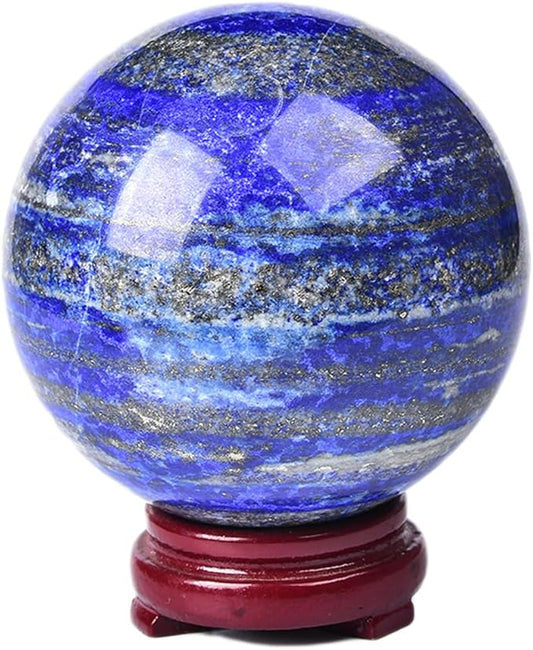 JIC Gem Large Blues Lapis Lazuli Crystal Sphere Ball with Wooden Stand Quartz Crystal Ball Healing