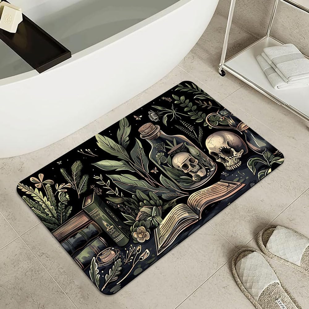 Bath Mat-Bathroom Rug，Books and Skulls-Absorbent Non Slip Quick Dry Stain Resistant Easy to Clean