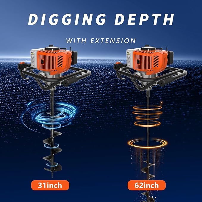 62cc 2-Stroke Auger Post Hole Digger with 2 Extension Rods & 6" & 8" Auger Bits - Gas Powered Earth