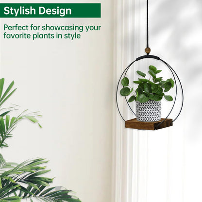 Hanging Planter for Indoor Plants, Black Plant Hanger Indoor with Sturdy Wood Base, Modern Boho