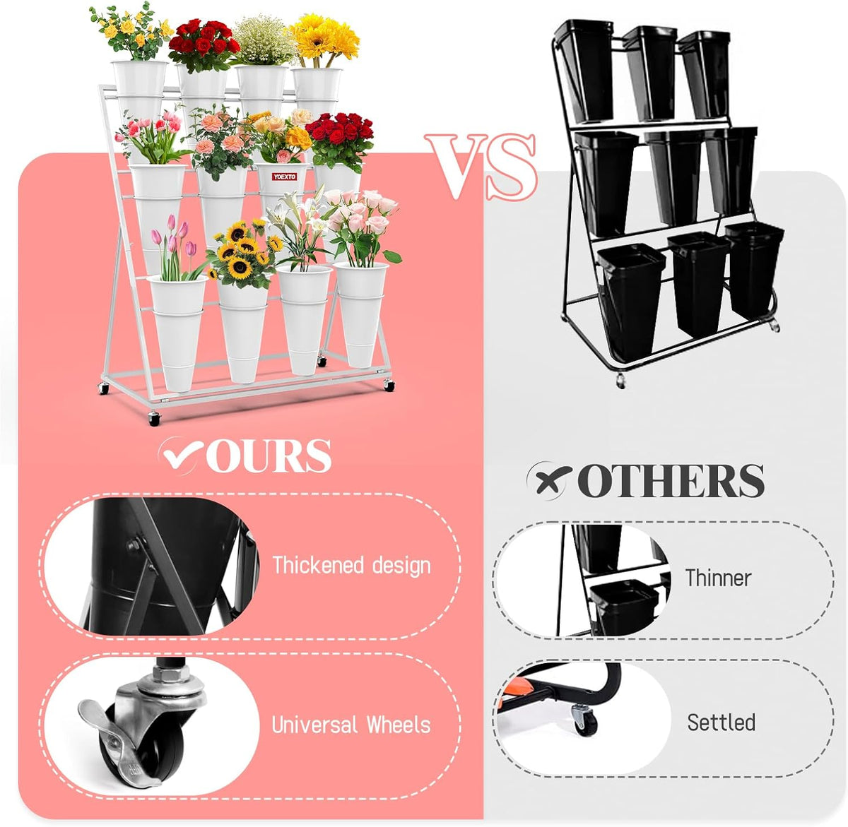 Flower Display Stand with Buckets, 3-Layers 12 PCS Buckets Plant Stand with Wheels, Movable Metal