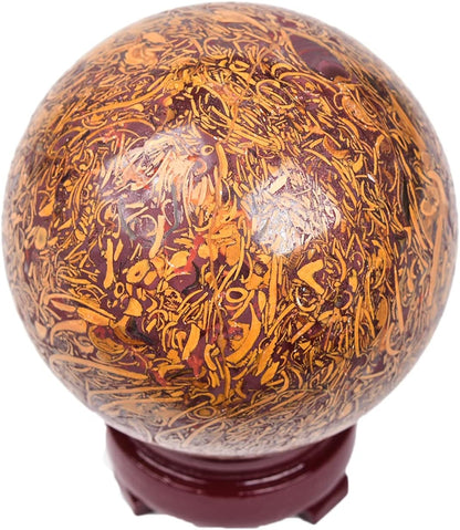 JIC Gem Real Natural Large Crystal Sphere Ball with Wooden Stand for Fengshui Golden Jade Healing