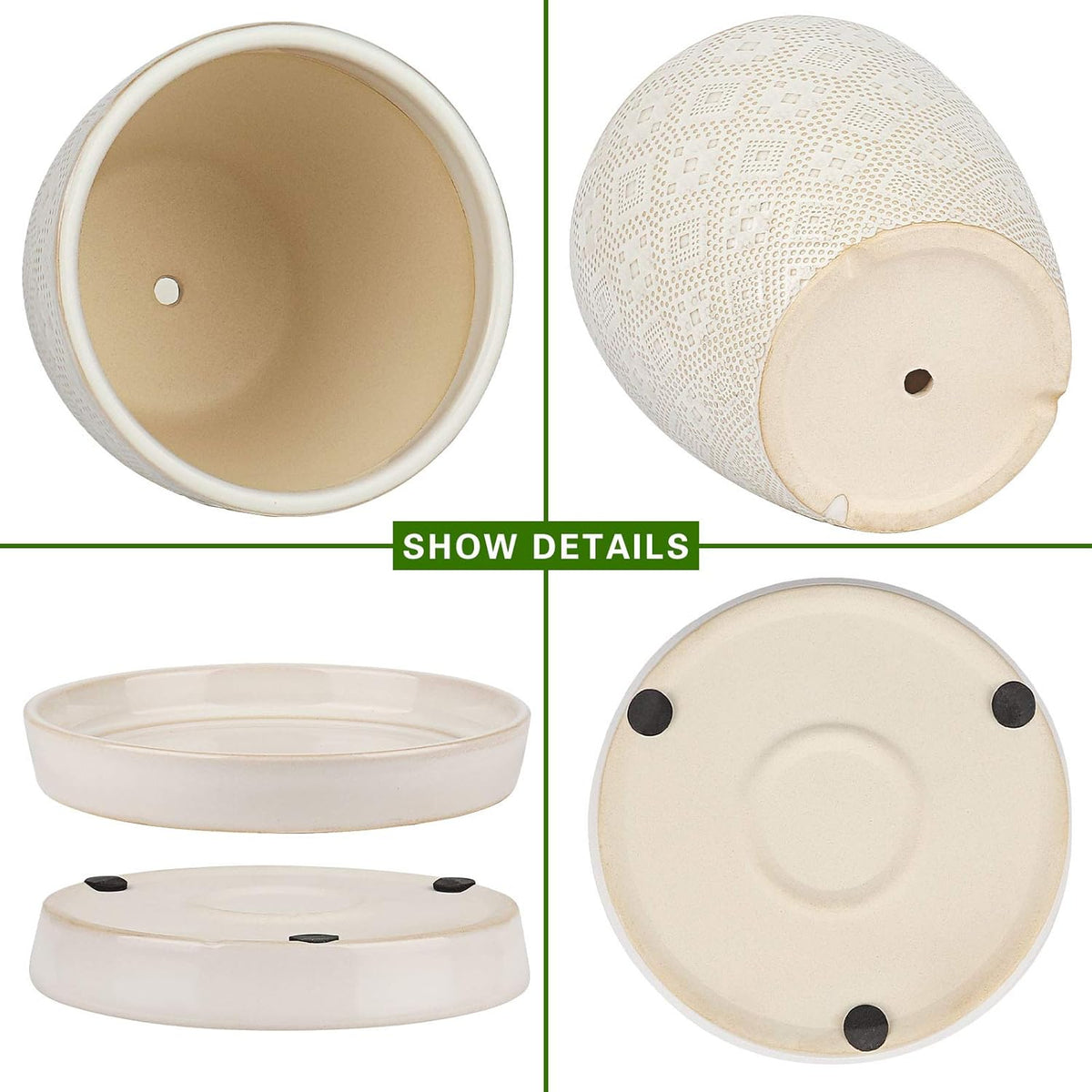 Docrin Ceramic Plant Pots Indoor, 6.6 + 5.5 Inch Planters with Drainage Holes and Saucer for
