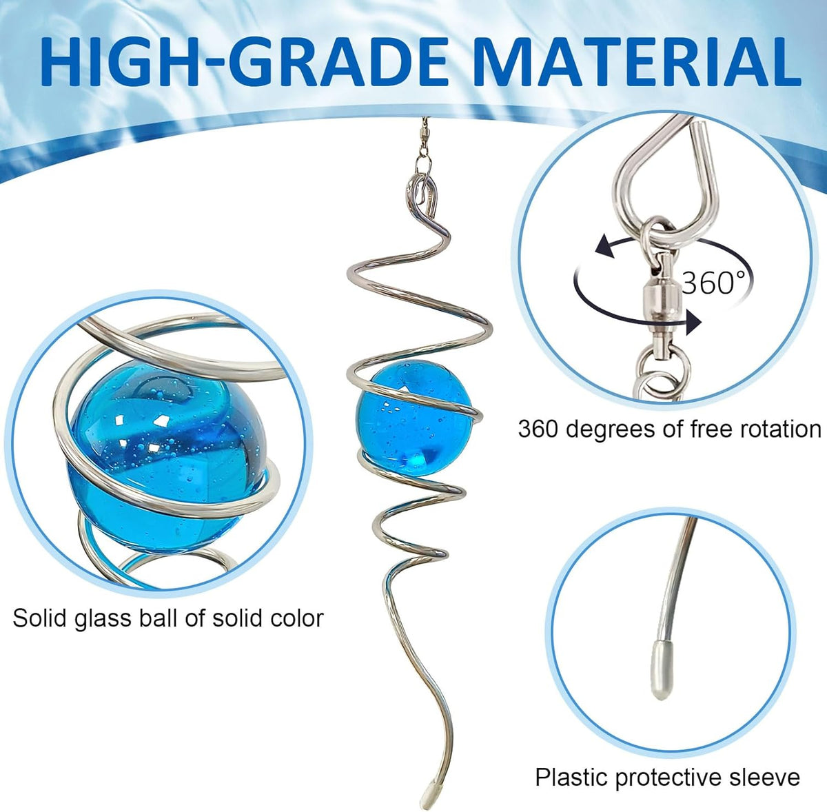 Gazing Ball Wind Spinner Spiral Tail with Blue Glass Orb | Creates Captivating Visual Illusion in