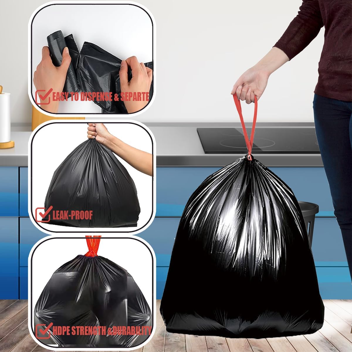 13 Gallon Trash Bags Drawstring, 200 Count Bulk, Black & Unscented Garbage Bags, Multi-purpose Tall