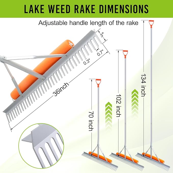 Floating Weed Lake Rake, 36 Inch Widths Pond Rake Aquatic Weed Rake, 133 Inch Extensible