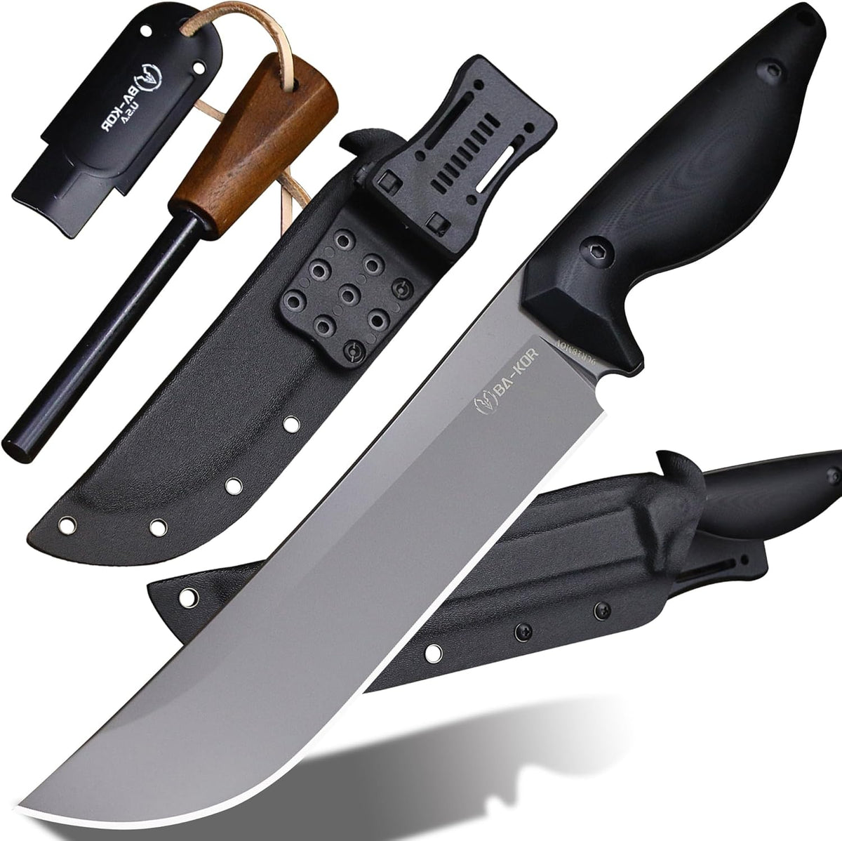 BA-KOR 5MM (9CR18MOV) steel 12.8'' full tang camping knife +K sheathing &5.9" cerium igniter can be