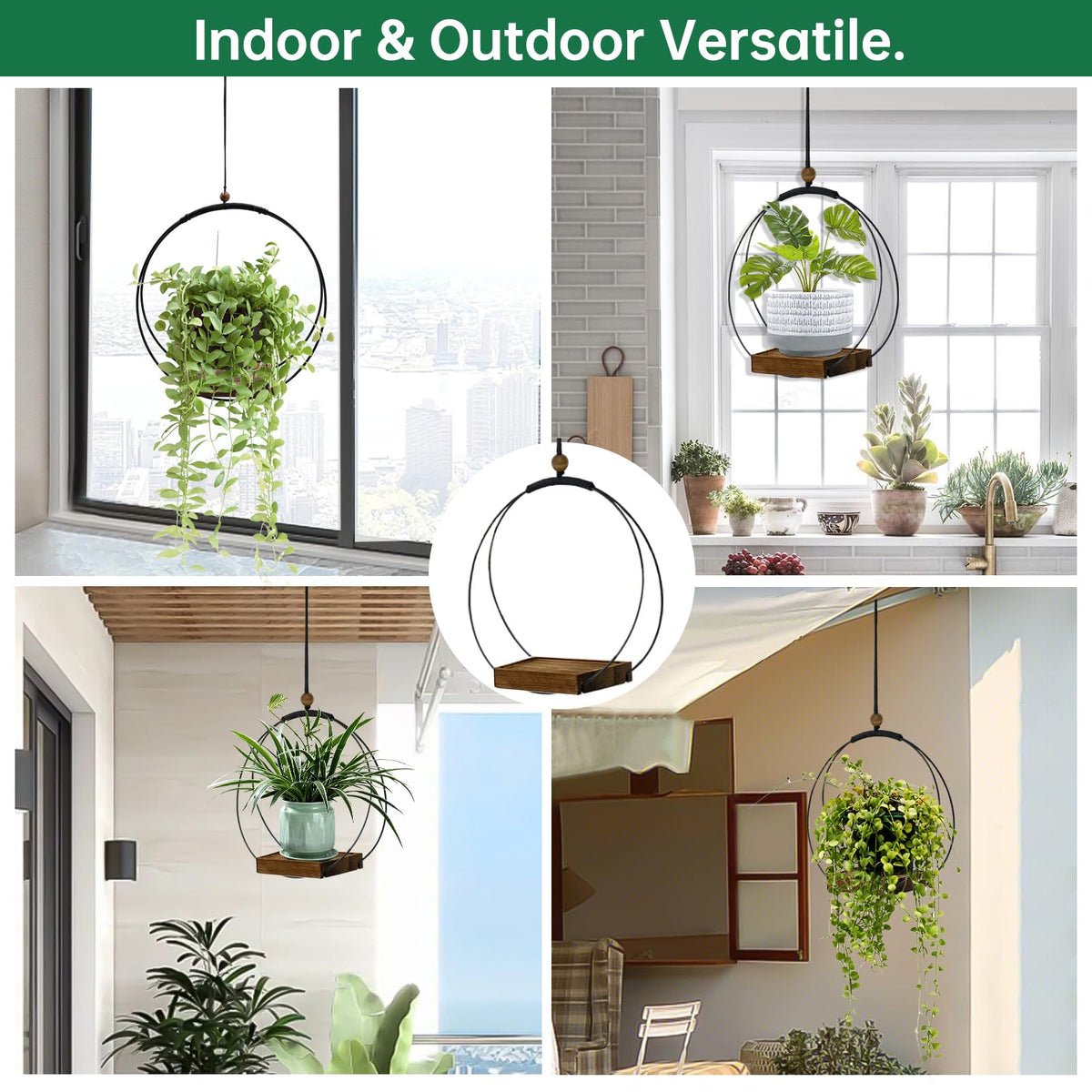 Hanging Planter for Indoor Plants, Black Plant Hanger Indoor with Sturdy Wood Base, Modern Boho
