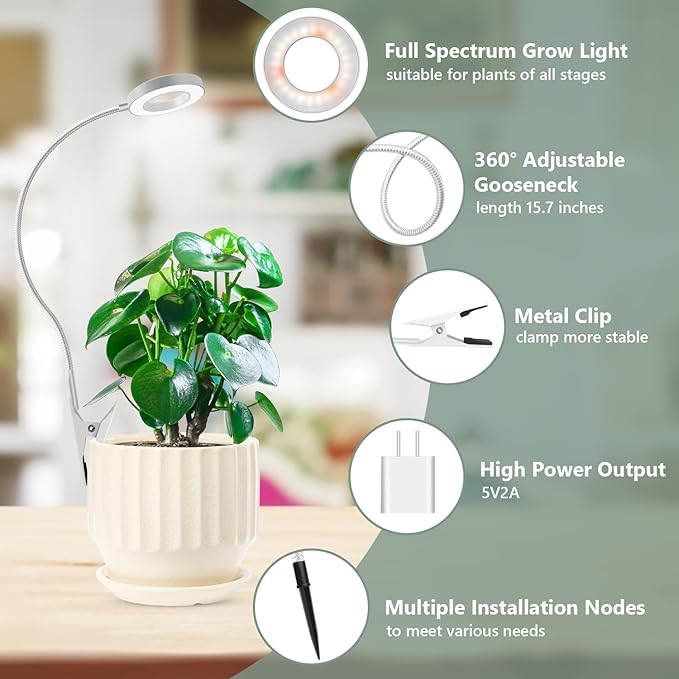 Grow Light, LED Full Spectrum Plant Light for Indoor Plants, 2 Mounting Methods Clip or Plug, White