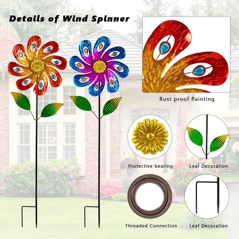 2 Packs Wind Spinners Outdoor, Metal Wind Sculptures & Spinners with Stake, Colorful Flower