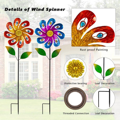 2 Packs Wind Spinners Outdoor, Metal Wind Sculptures & Spinners with Stake, Colorful Flower