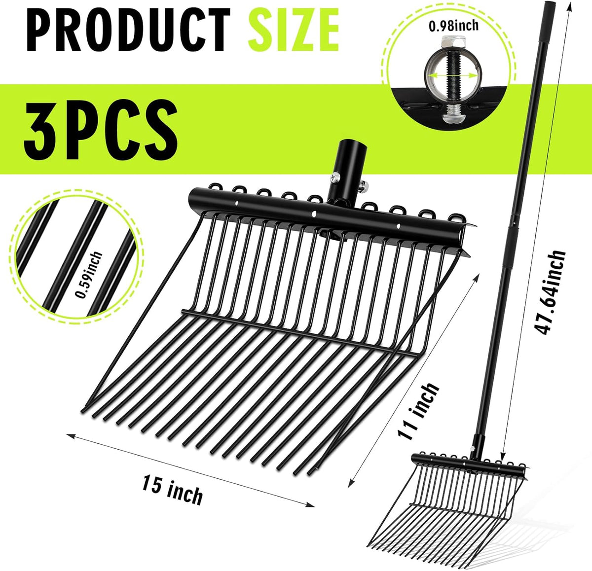 Lasnten 3 Sets Metal Manure Fork with Long Metal Handle Pitch Fork Manure Rake Black Heavy Duty