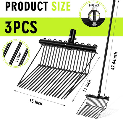 Lasnten 3 Sets Metal Manure Fork with Long Metal Handle Pitch Fork Manure Rake Black Heavy Duty