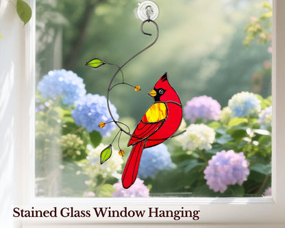 Red Cardinal Stained Glass Bird Suncatcher for Mom, Grandma, Women - Real Glass Window Hanging