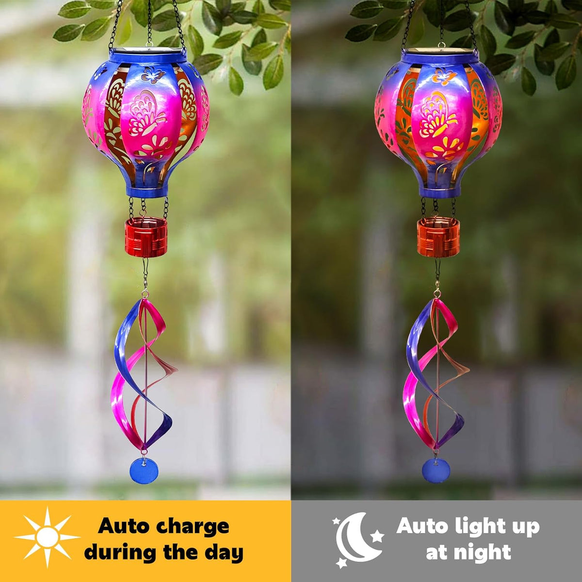Hot Air Balloon Solar Lantern Butterfly Wind Spinners with Flickering Flame Light Hanging Solar