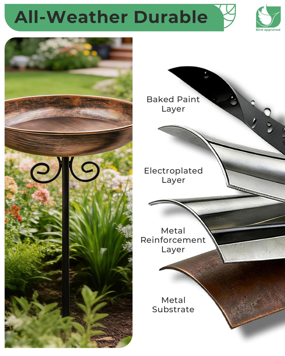 OUISJYER 10" Small Metal Bird Bath with Stake, Outdoor Birdbath for Garden