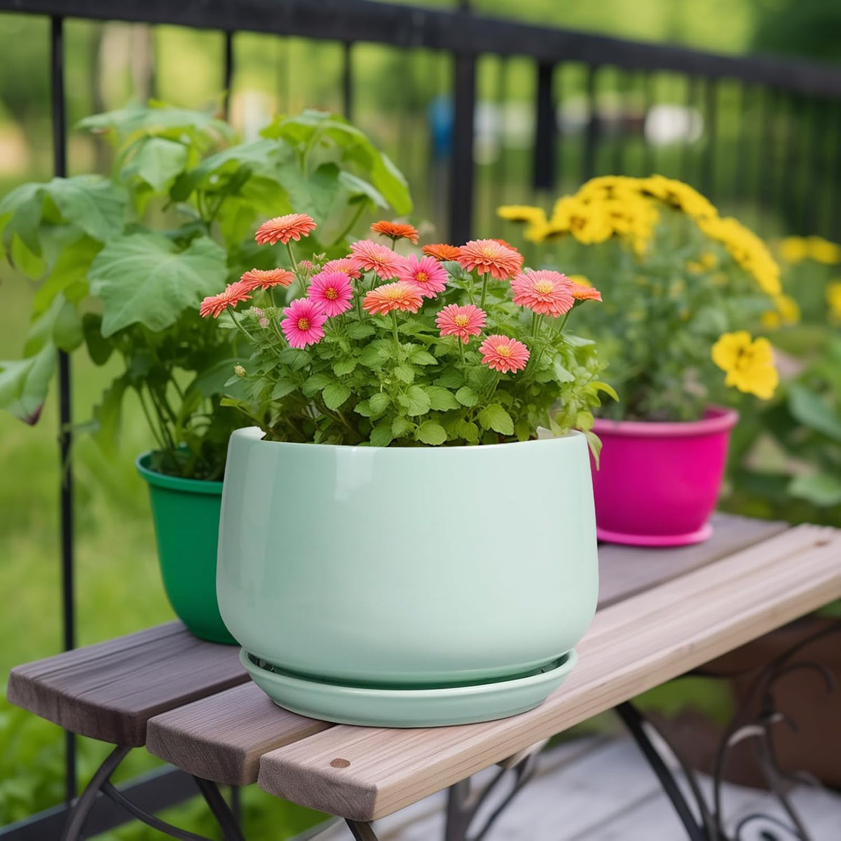 G EPGardening Ceramic Pots for Plants - 9 Inch Ceramic Planter with Drainage and Saucer, Round