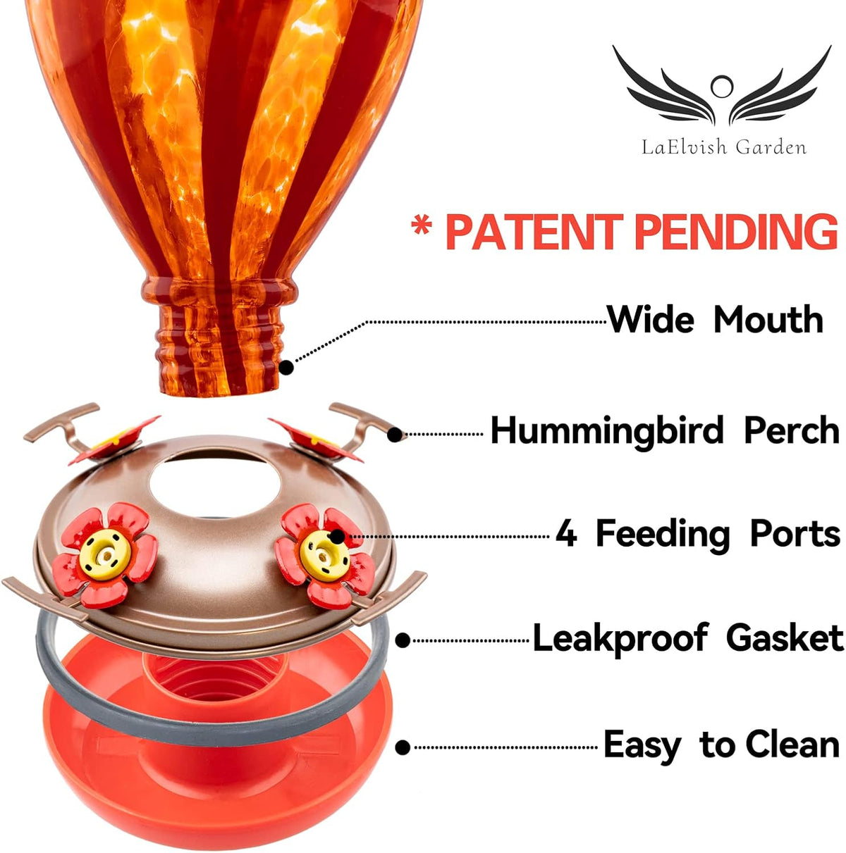 Hummingbird Feeder, 34OZ Hand Blown Glass Hummingbird Feeders for Outdoors Hanging, 4 Feeding Perch