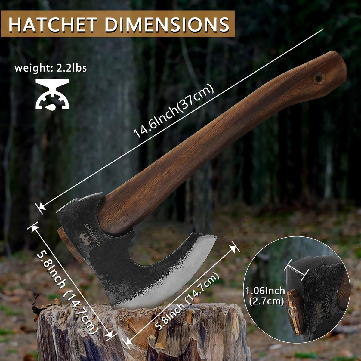 14.6" Hatchet, Camping Hatchet with Leather Sheath, Bushcraft Axe with 1065 Carbon Steel & Beech