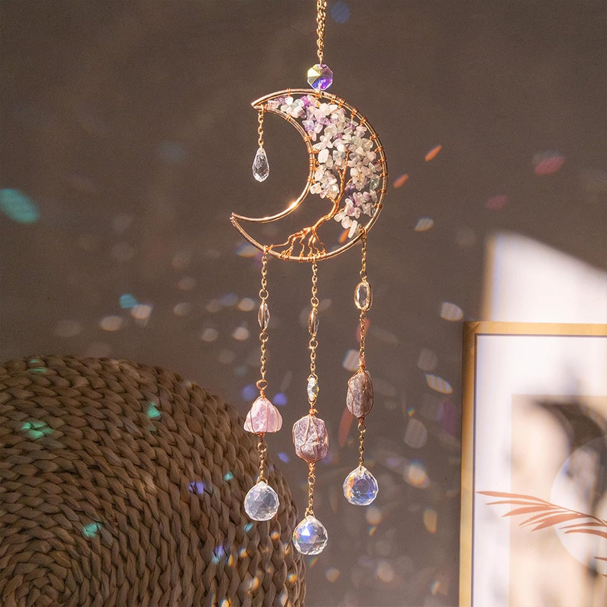 TUOKING Crystal Moon Suncatchers for Window Hanging Tree of Life Natural Healing Stones Wind Chimes