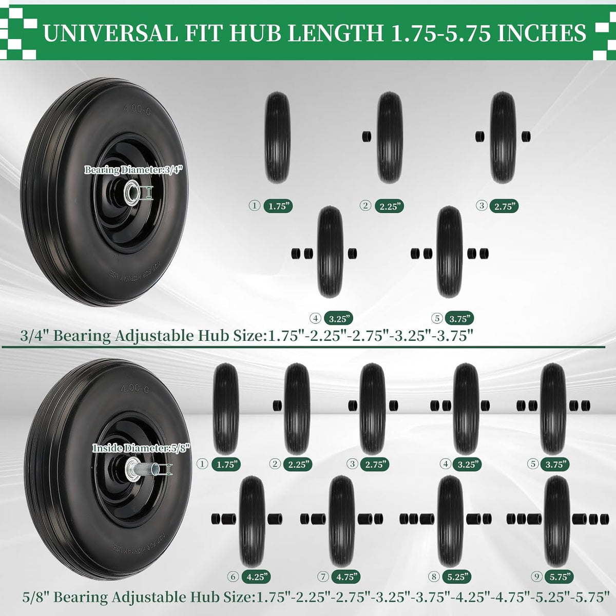 RRQ 4.00-6 Flat Free Tire and Wheel, 13" Solid Wheelbarrow Tire with 1.75" Centered Hub and 3/4"