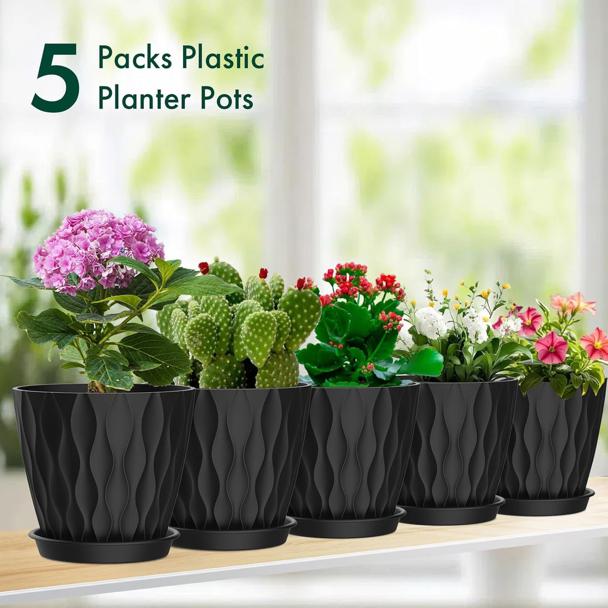 4 inch Small Plastic Nursery Pots, Seedling Pots, 5 Set Water Ripples Plant Pots for Indoor Plants