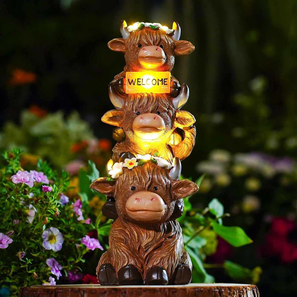 Christmas Highland Cow Statue Solar Outdoor Decor with Flower Decoration Funny Triple Highland Cow