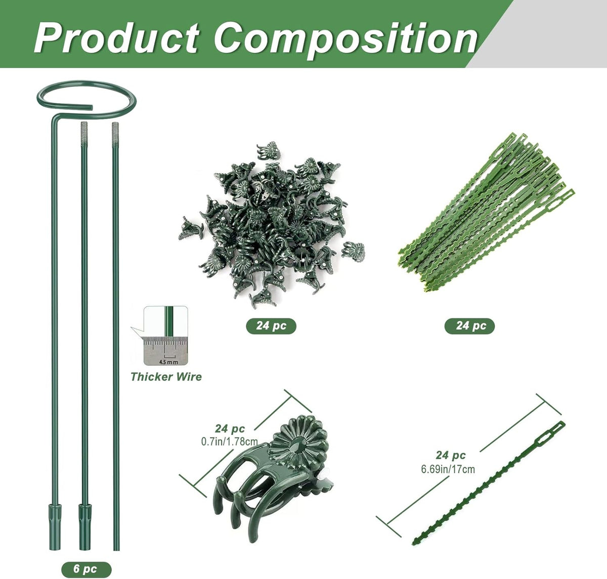 6 Pack (DIY) Plant Support Stakes, Three Sizes (12 or 24 or 36 inch) Plant Support Rings for