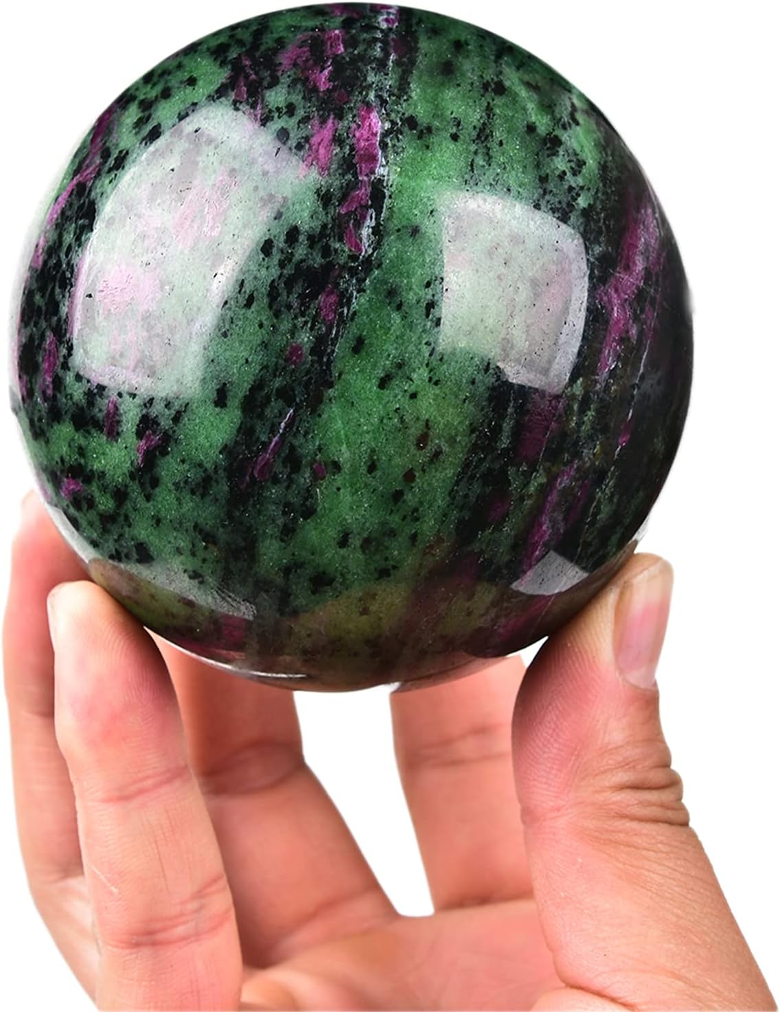 JIC Gem Natural Quartz Crystal Ball Ruby Zoisite Gemstone Sphere with Decoative Stand Red&Green