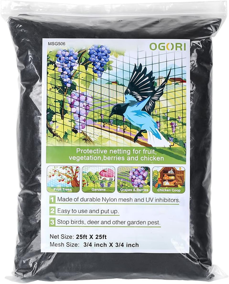 OGORI 25' x 25' Bird Netting Heavy Duty Nylon 3/4" Mesh Garden Netting Protect Fruit Trees, Plants