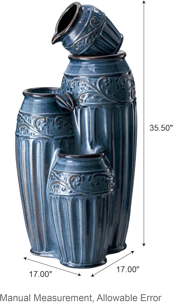 Glitzhome 35.5" H Oversized Outdoor Water Fountain with LED Lights and Pump, 4 Tier Turquoise