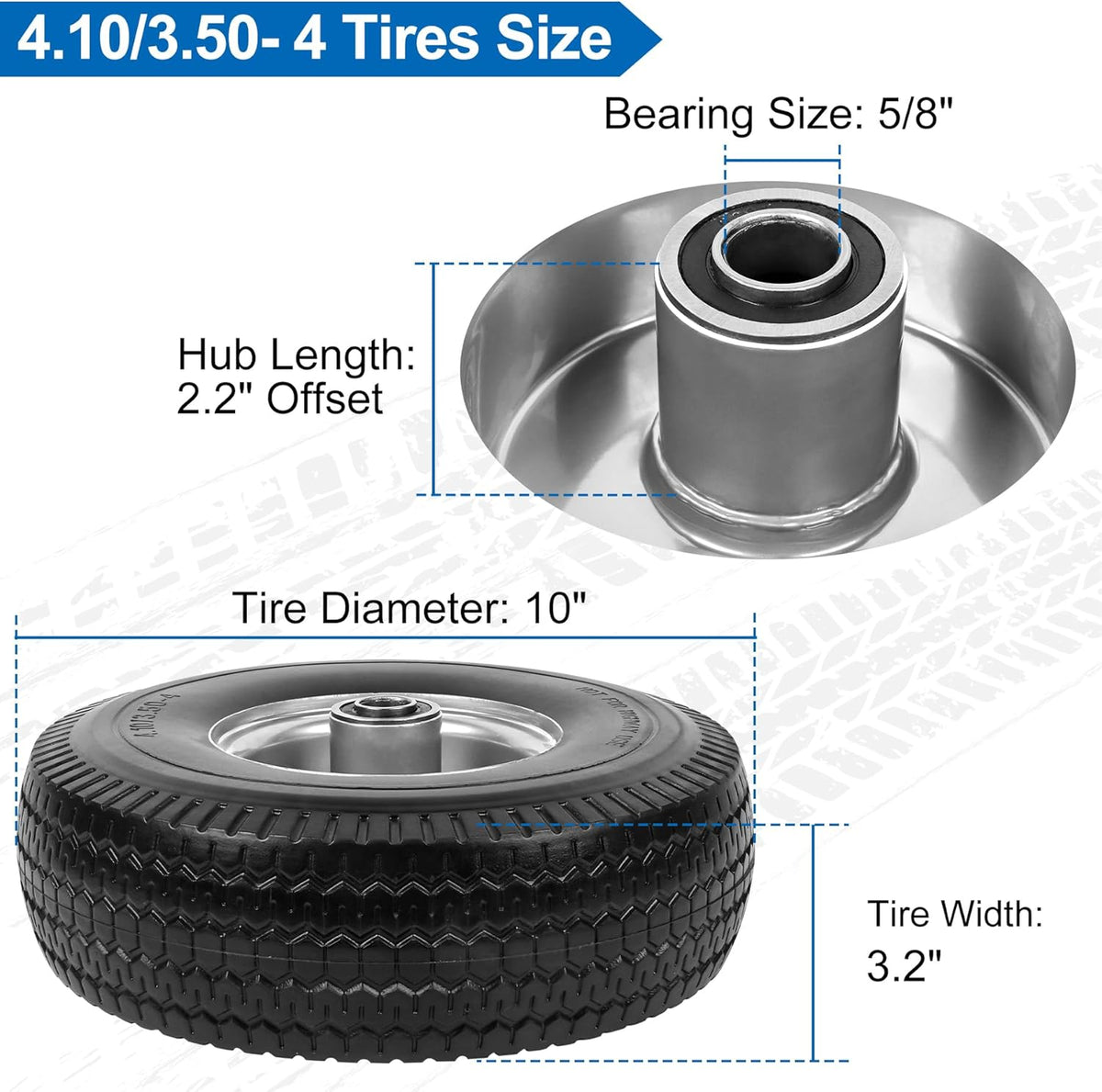 4.10/3.50-4" Flat Free Tires, 10 Inch Solid Tires and Wheels Replacement with 5/8" Axle Bore Hole