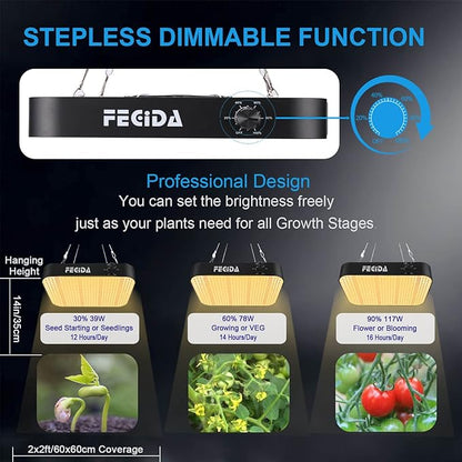 FECiDA 1200W Equivalent LED Grow Light, 130W True Power Full Spectrum Plant Light, 0–100% Dimmable
