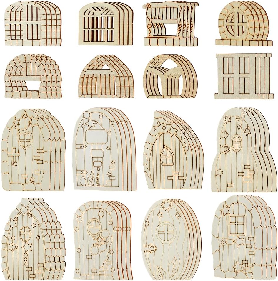 128 Pcs Fairy Doors, 16 Styles Wooden Miniature Garden Door Unfinished DIY Blank Windows for