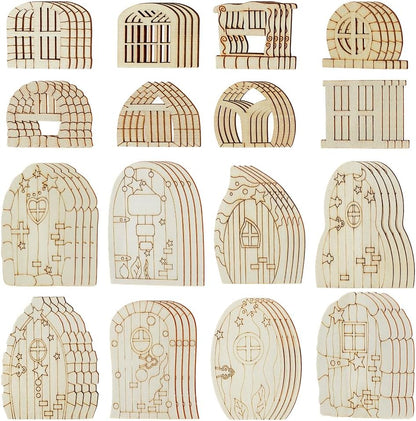 128 Pcs Fairy Doors, 16 Styles Wooden Miniature Garden Door Unfinished DIY Blank Windows for
