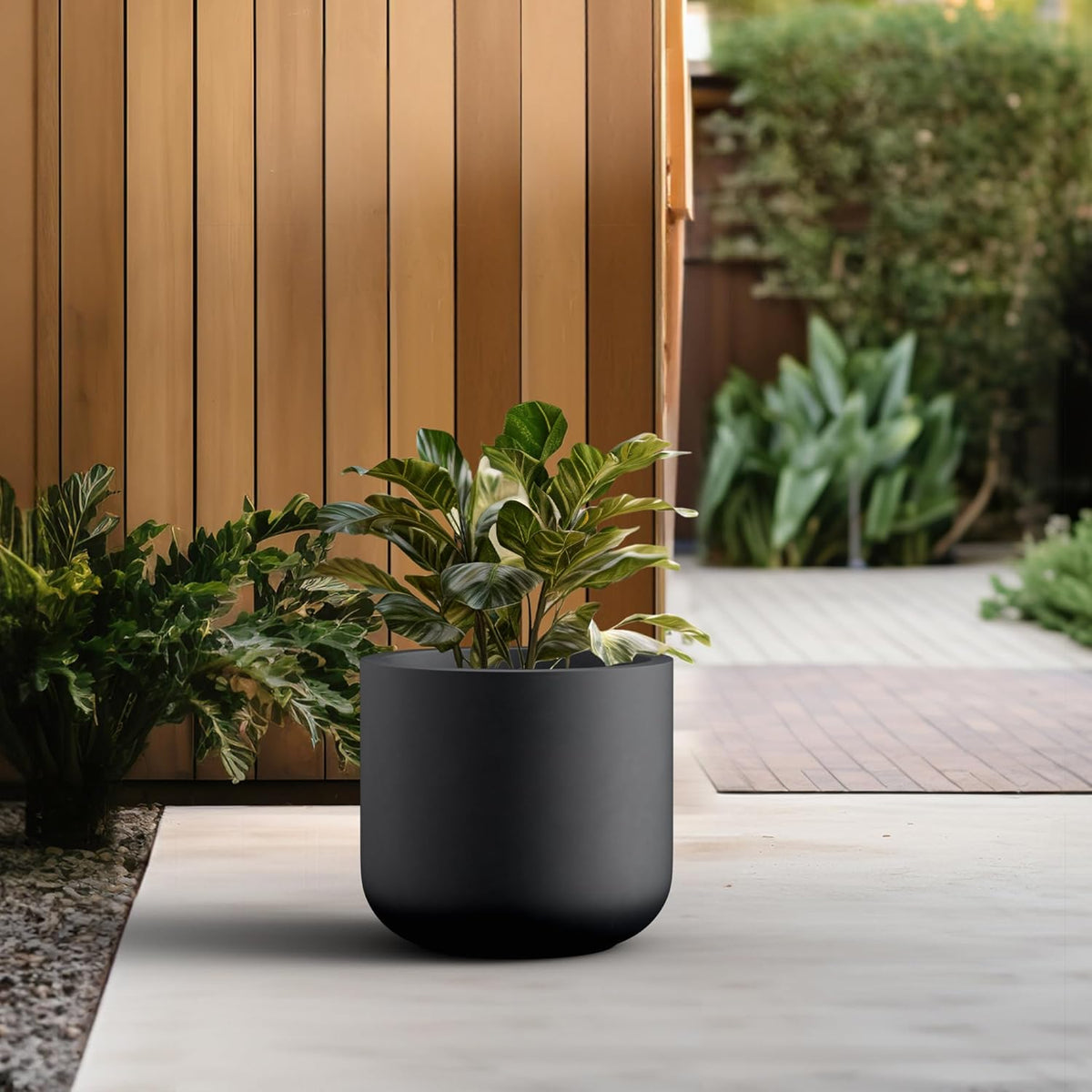 Kante 13.8-Inch Dia Round Concrete Planter, Indoor & Outdoor Garden Pot with Drainage Hole & Rubber