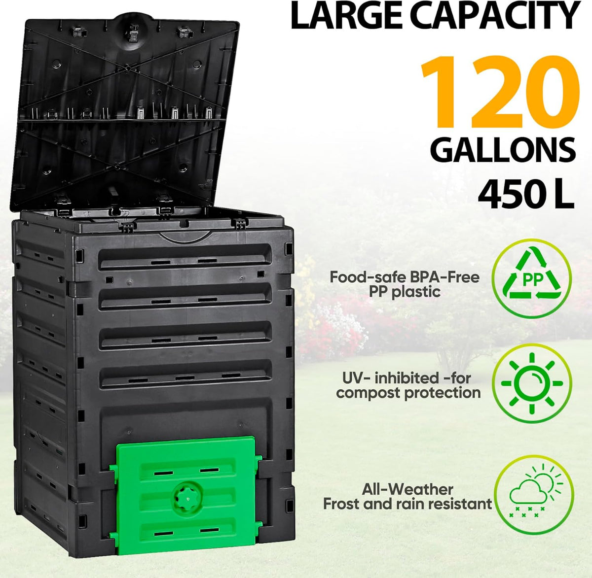 120 Gallon (450L) BPA Free Garden Compost Bin - Easy Assembly, Aerating Outdoor Compost Box for