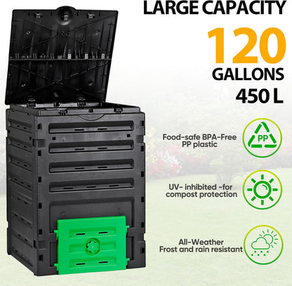 120 Gallon (450L) BPA Free Garden Compost Bin - Easy Assembly, Aerating Outdoor Compost Box for
