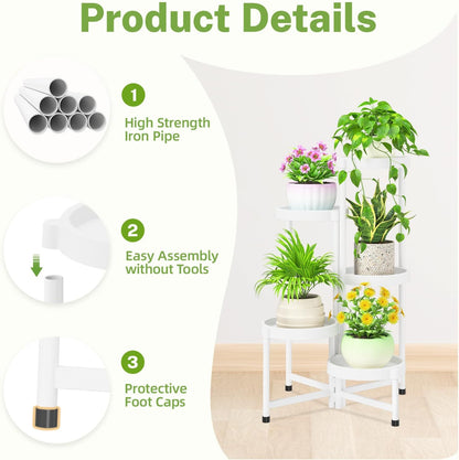 iDavosic.ly 5 Tier Folding Plant Stand Indoor Outdoor with Plastic Tray, Tiered Corner Flower