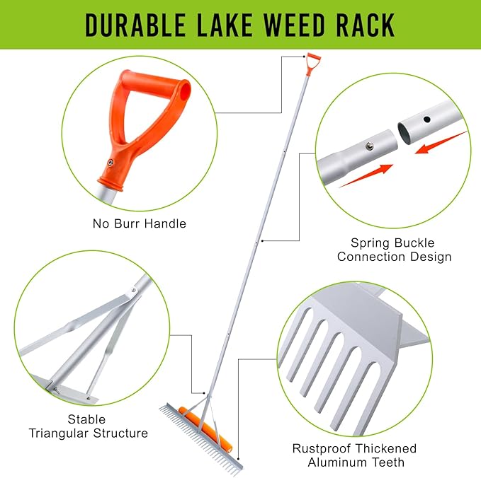 Floating Weed Lake Rake, 36 Inch Widths Pond Rake Aquatic Weed Rake, 133 Inch Extensible