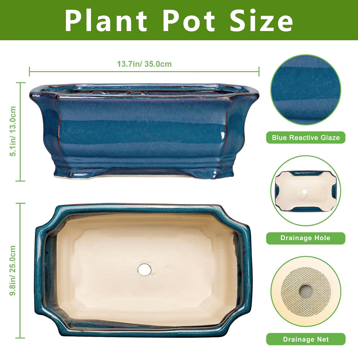 Bonsai Tree Pot - 13.7 Inch Large Ceramic Succulent Planter for Indoor Outdoor, Rectangle Plant Pot