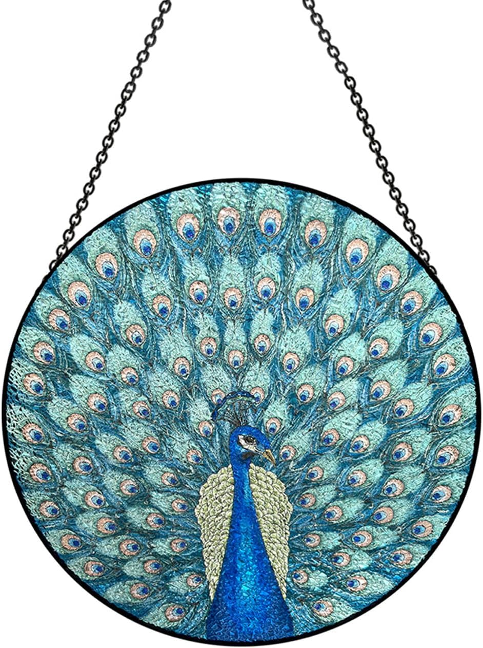 Hanging Stained Glass for Windows,20cm/7.87inch Peacock Hand-Painted Sun Catcher Garden Hangings