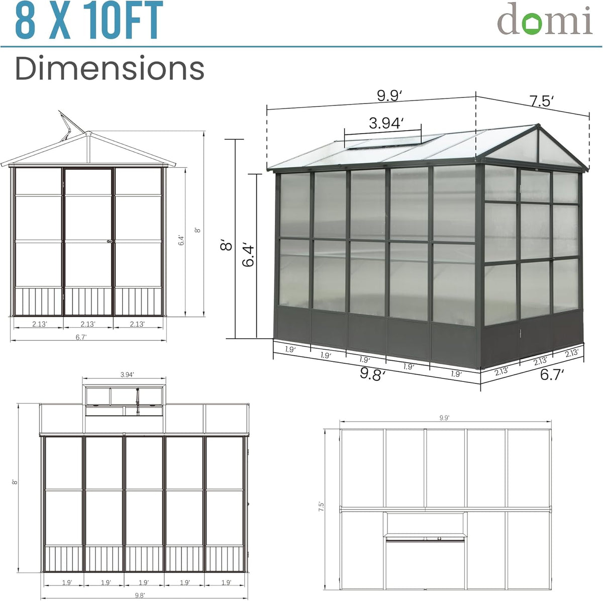 Domi 8x10FT Polycarbonate Greenhouse with Automatic Vent, Extra Tall 8FT Walk-in Aluminum Frame