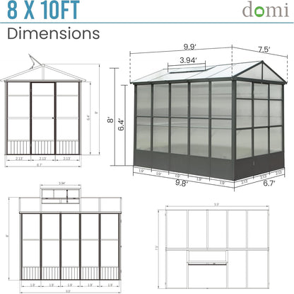 Domi 8x10FT Polycarbonate Greenhouse with Automatic Vent, Extra Tall 8FT Walk-in Aluminum Frame