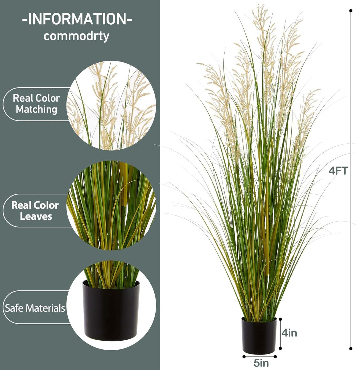 Artificial Plant, 47in Tall, 2pk Grass, Faux House Plants in Pot, Indoor Decorative Flowers