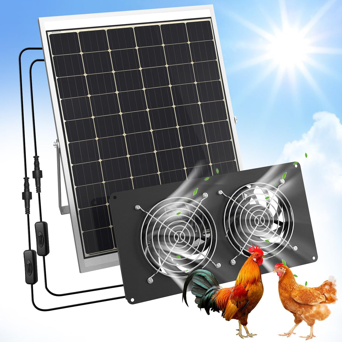 25W Solar Powered Exhaust Fan, Ultra Durable Dual Mental Shell Ventilation for Chicken Coops, Pet